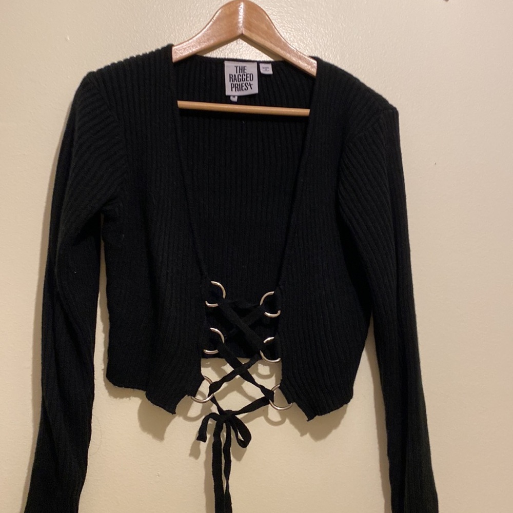 THE RAGGEST PRIEST BLACK D-RING LACE UP TOP / CARDIGAN SWEATER. Size M - Picture 4 of 11